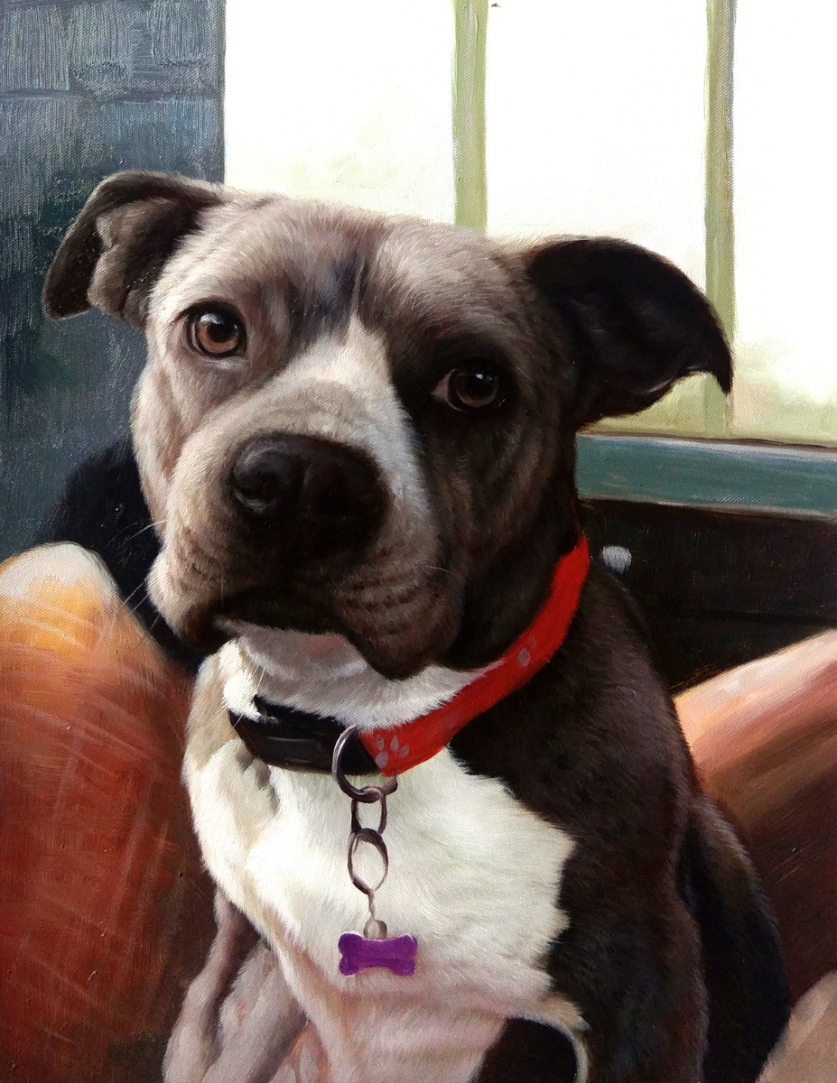 An oil painting of a pet dog with a red collar, created in a fine brush style.