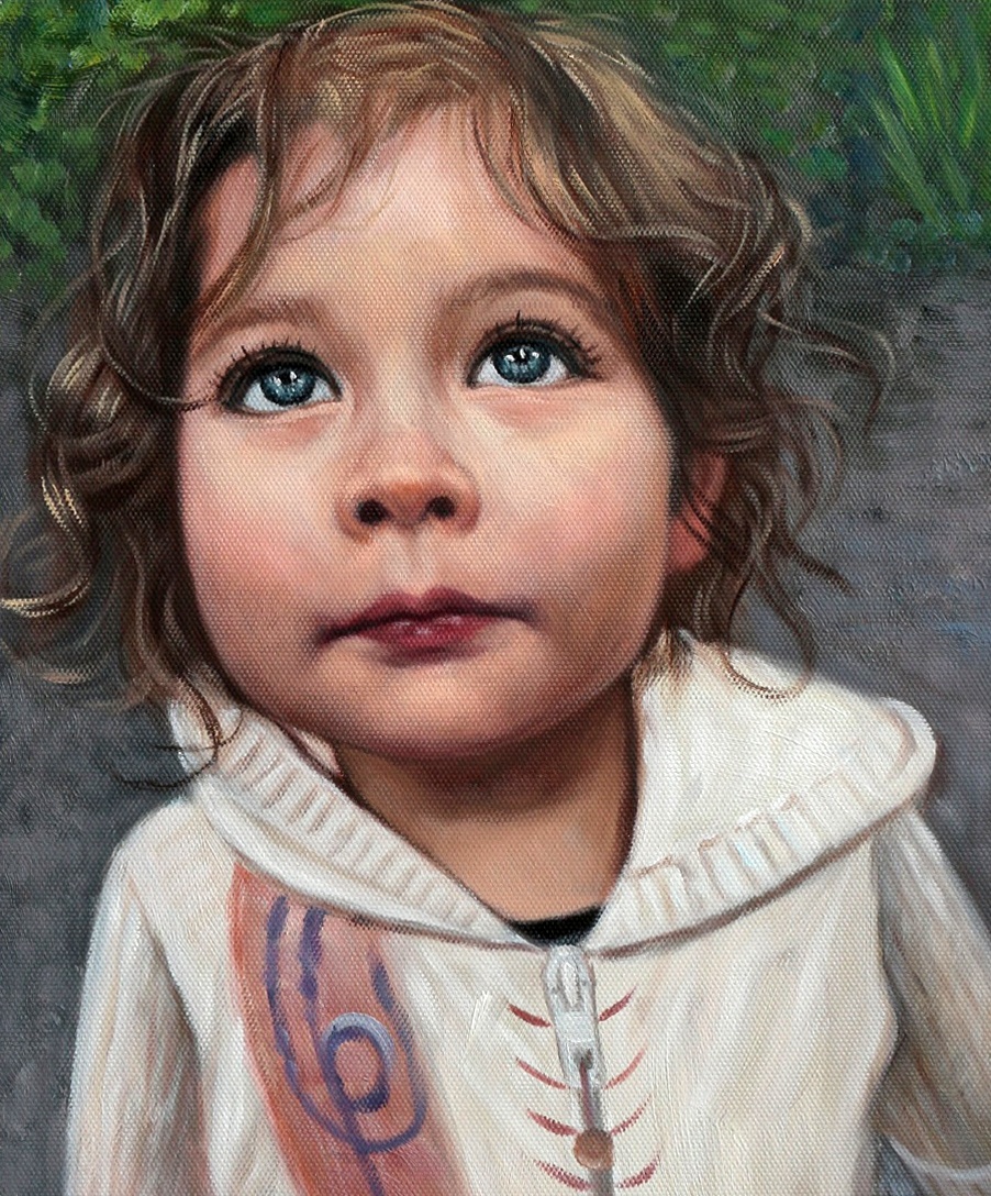 A portrait of a little girl with blue eyes created in a thick brush style using oil painting techniques.