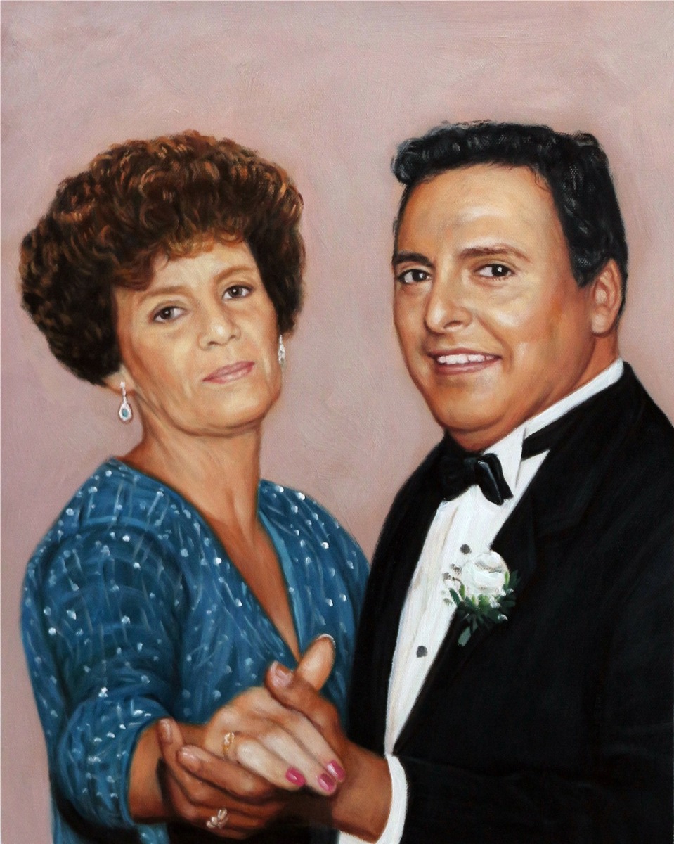 An oil painting of a husband and wife in formal attire, showcasing a family bond.