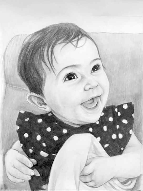 A pencil sketch of a baby in a polka dot dress.