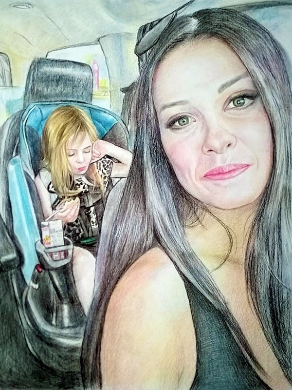 A colored pencil drawing of a mother and daughter in a car seat with smooth style.
