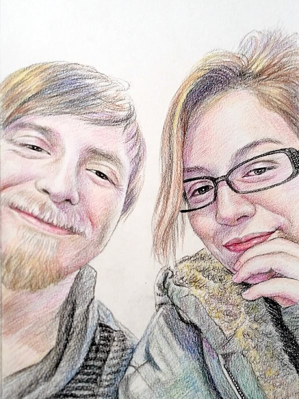 A sketchy colored pencil drawing of a man and a woman.