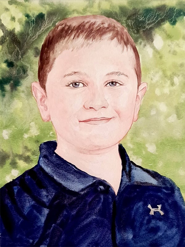 A watercolor painting of a boy wearing a blue shirt, done in a washed style.