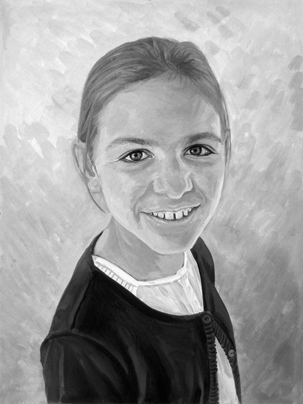A pastel black and white portrait of a young girl.