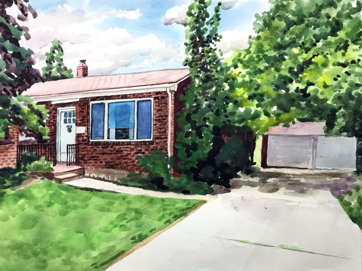 A watercolor painting of a brick house in a watercolor washed style.
