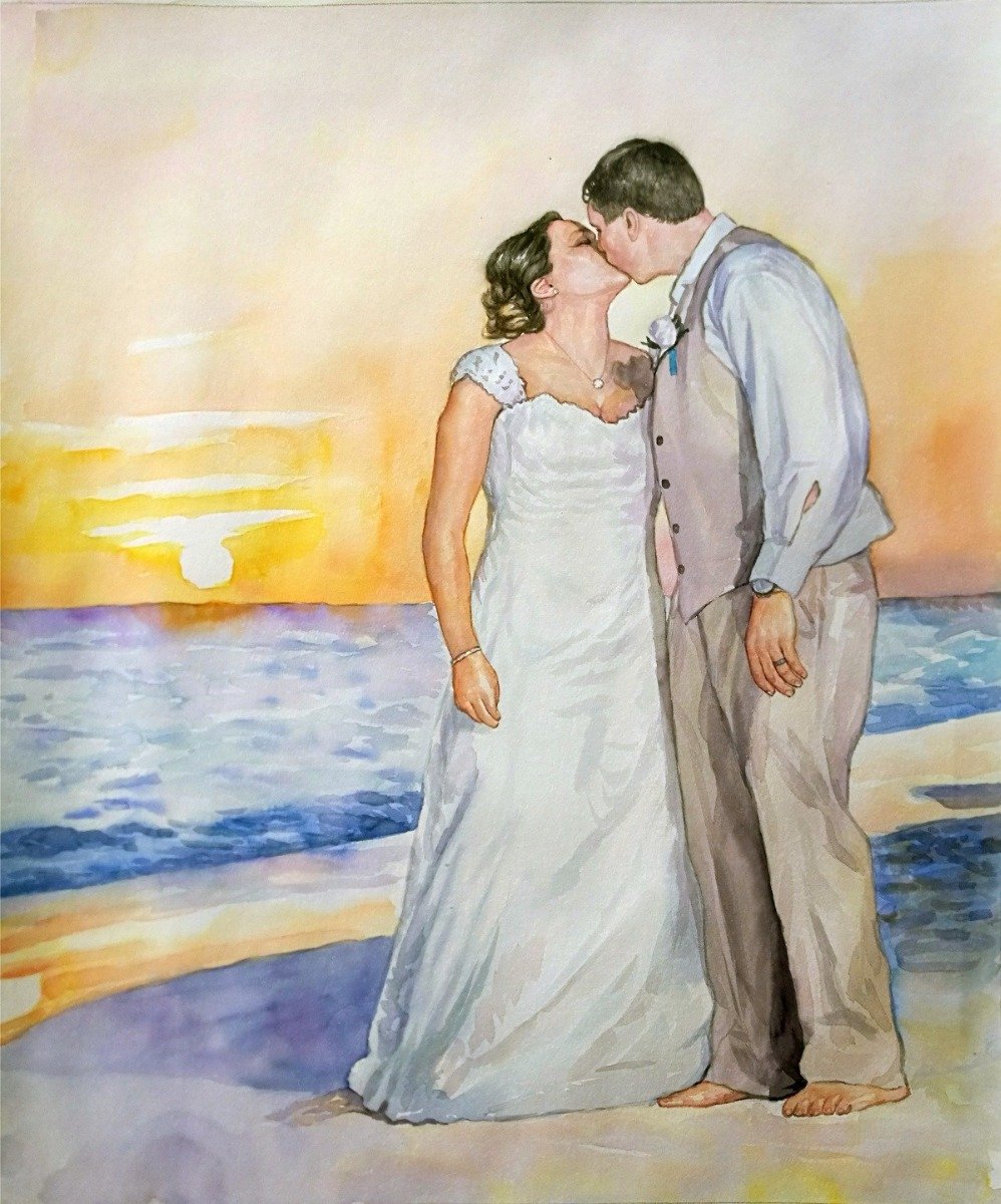 A Watercolor Washed style painting of a bride and groom kissing on the beach, perfect for a Bridal Shower.