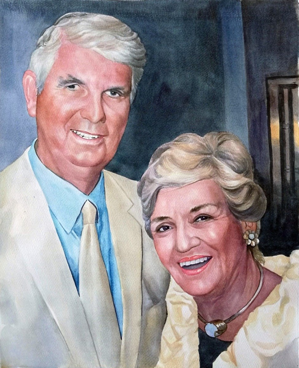 A retirement painting gift depicting an older man and woman in a watercolor washed style.