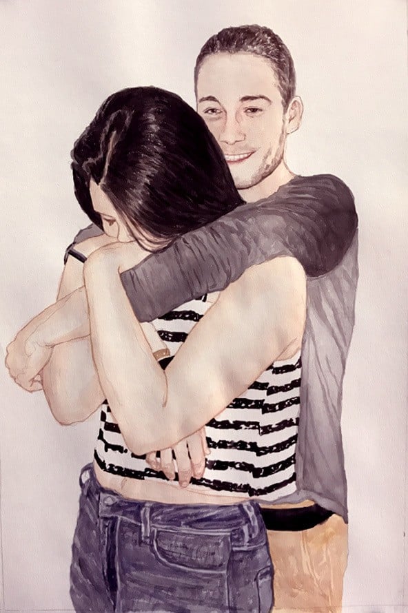 A watercolor washed bridal shower portrait of a couple embracing.