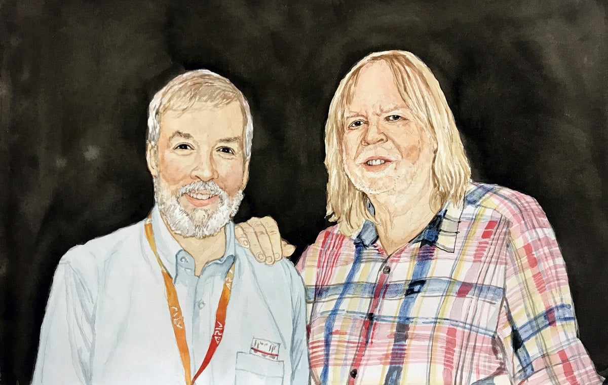 A retirement gift featuring a watercolor-washed painting of two men standing together.
