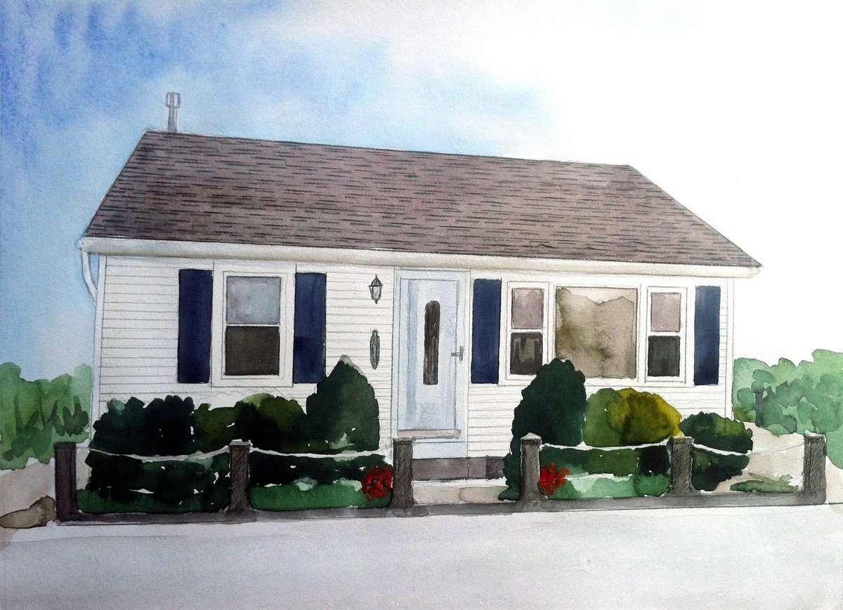 A watercolor washed style painting of a small house for a realtor client gift.
