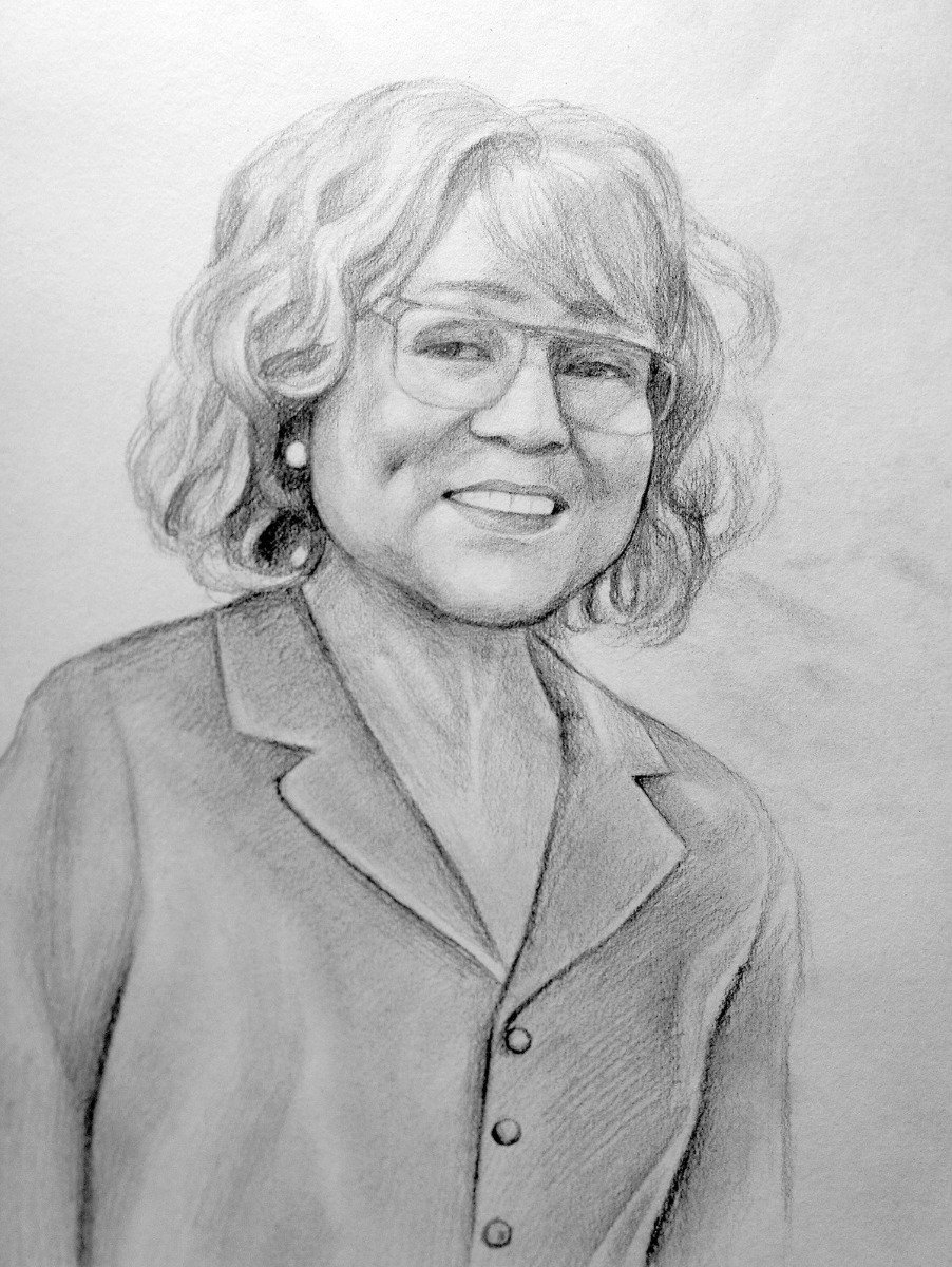 A charcoal sketch of a woman with glasses.