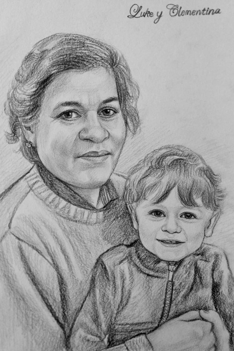 A charcoal sketch of a woman holding a toddler, perfect as a drawing for grandma.