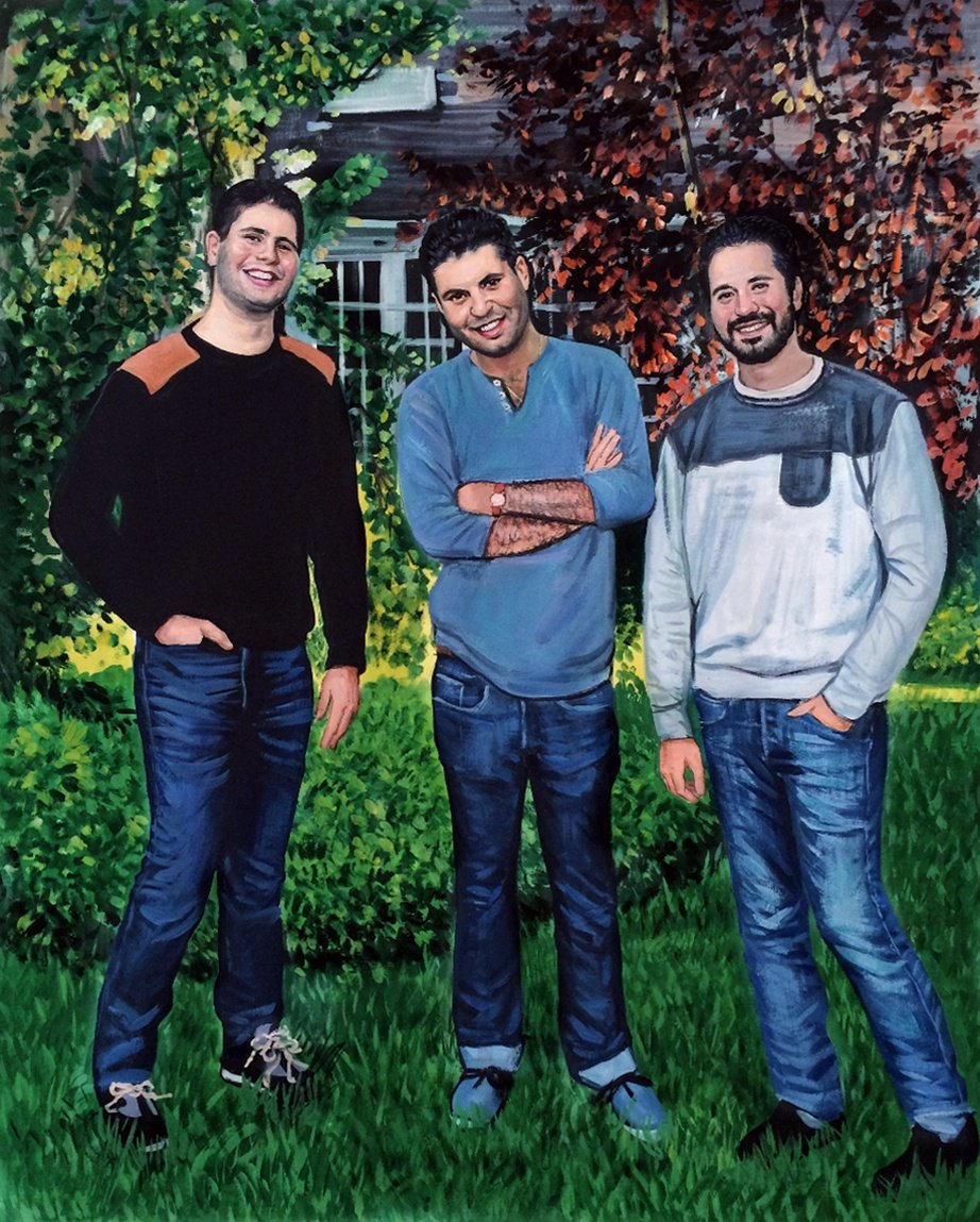 A pastel colored painting of three men celebrating a housewarming.