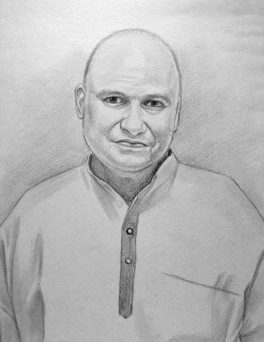 A charcoal drawing of a man in a white shirt.