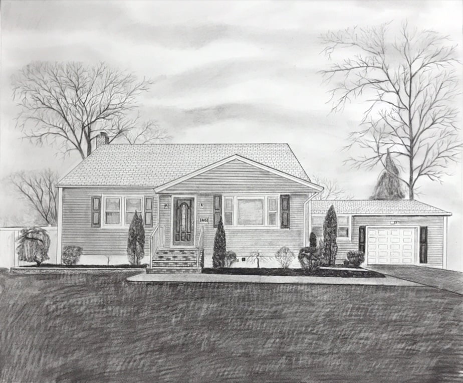 A charcoal-style black and white drawing of a house, perfect for realtor client gifts.