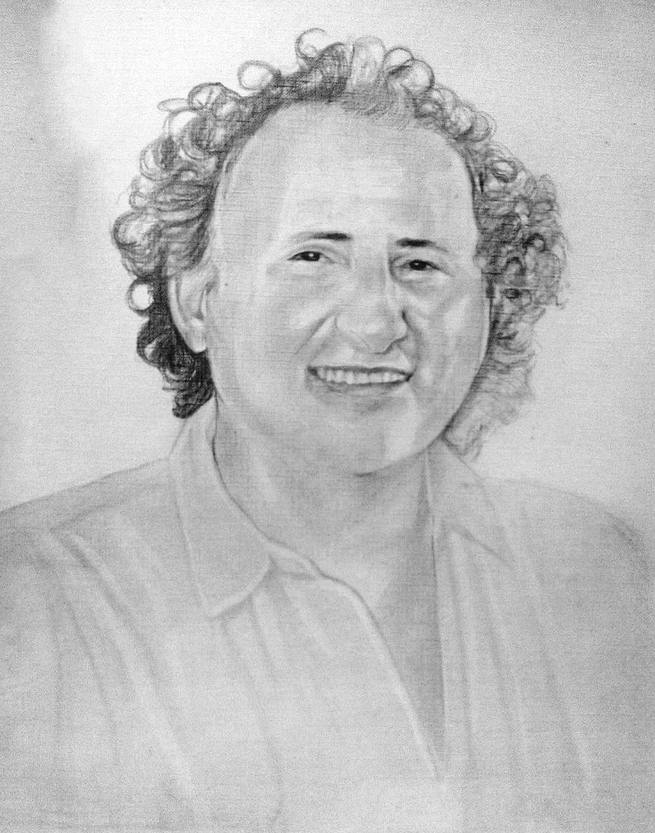 A charcoal drawing of a man with curly hair.	