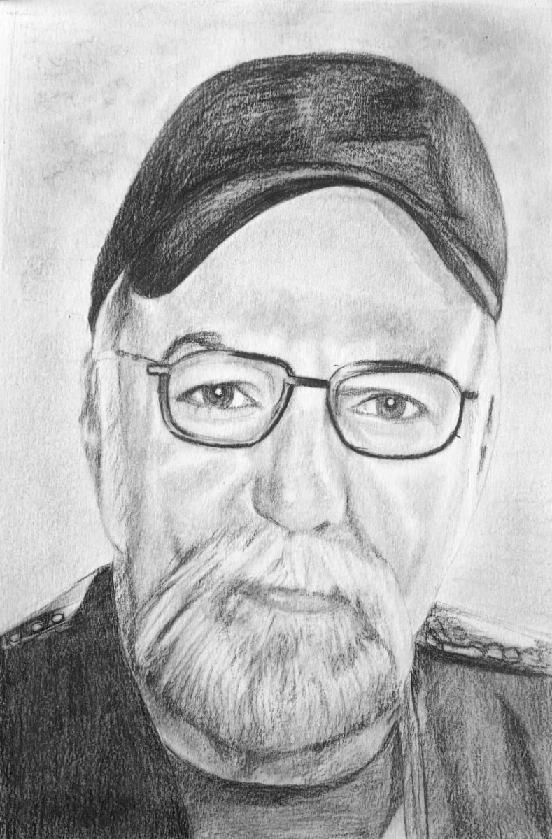 A charcoal portrait of a man with glasses and a beard.