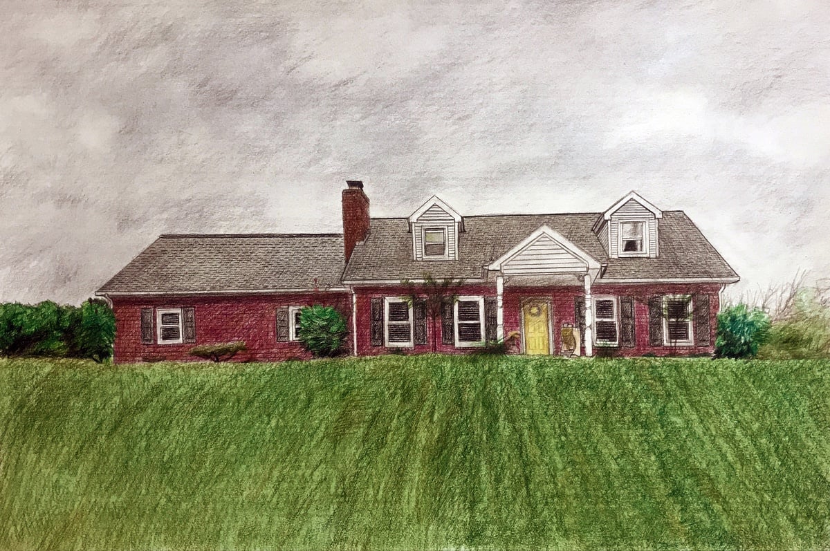 A red brick house drawing in a field, suitable as a gift for real estate clients.
