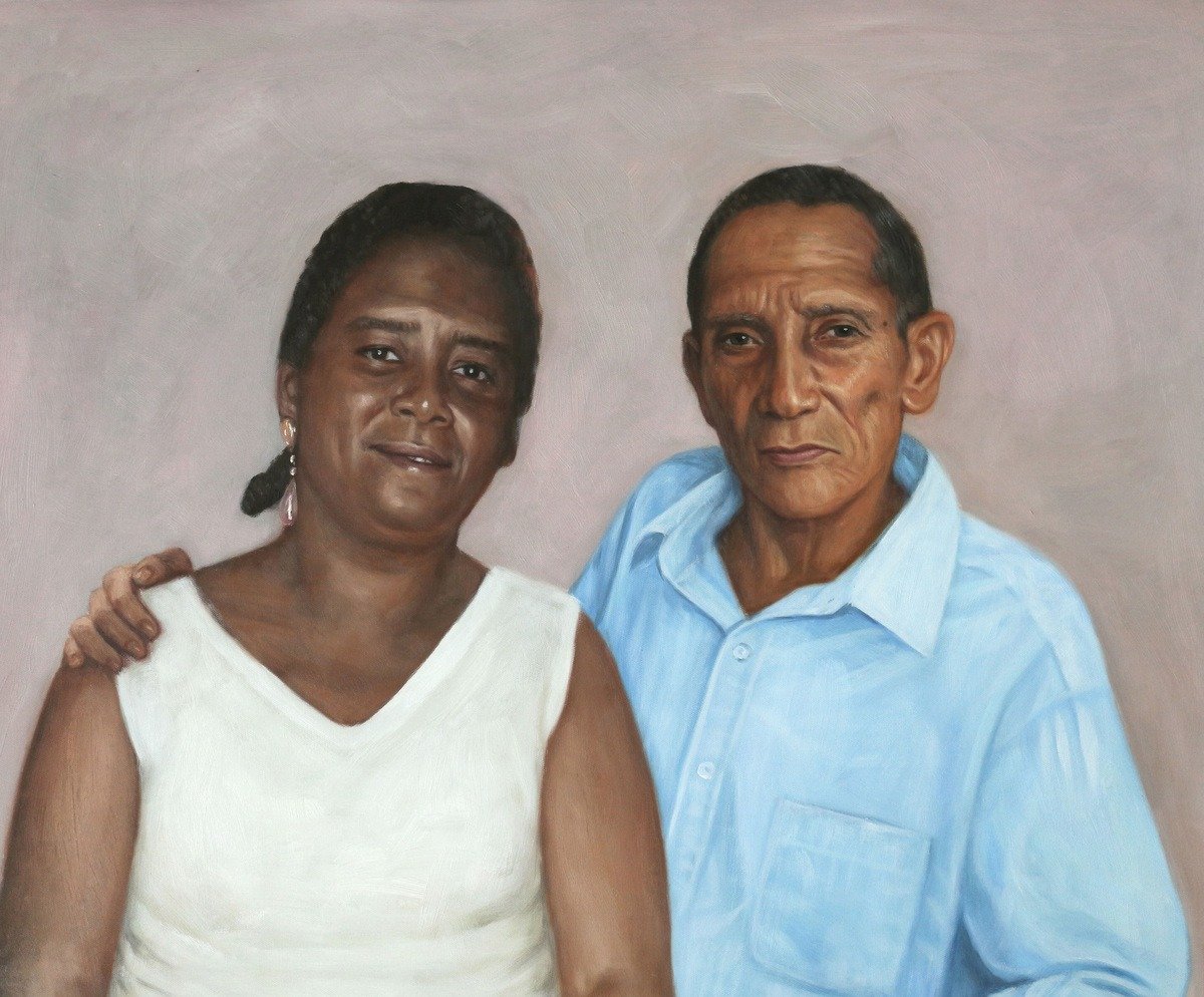 A fine style painting of a man and woman posing for a picture.