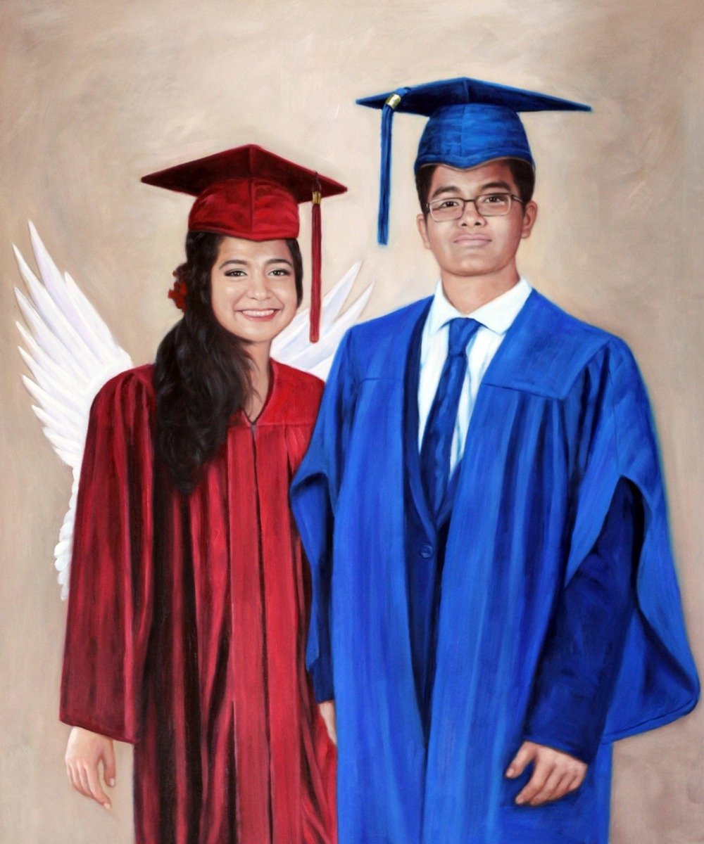 A painting of a brother and sister in graduation gowns, created in an oil fine style.