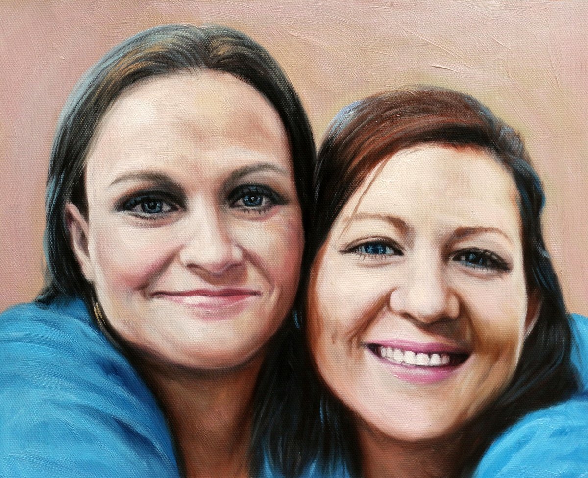 A painting of two women posing for a photo in oil thick style.