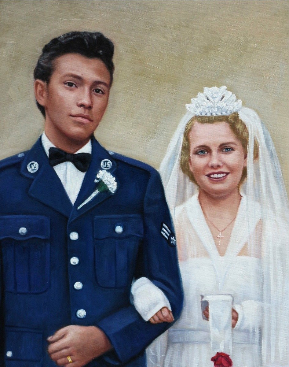 A thick style oil painting of a man and woman in uniform, perfect for Veteran's Day.