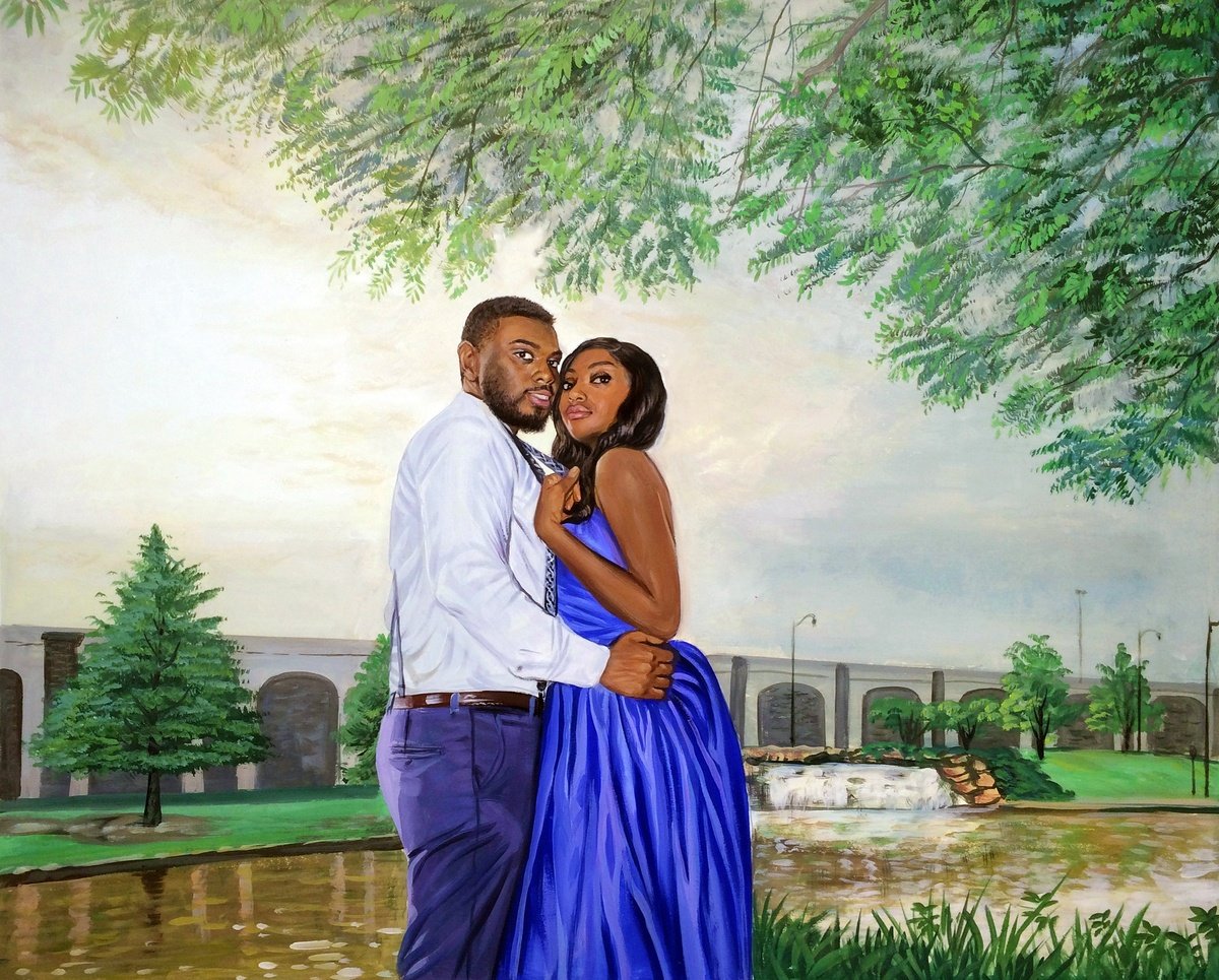 A pastel colored painting of a couple embracing in front of a river, ideal for a Bridal Shower Gift.