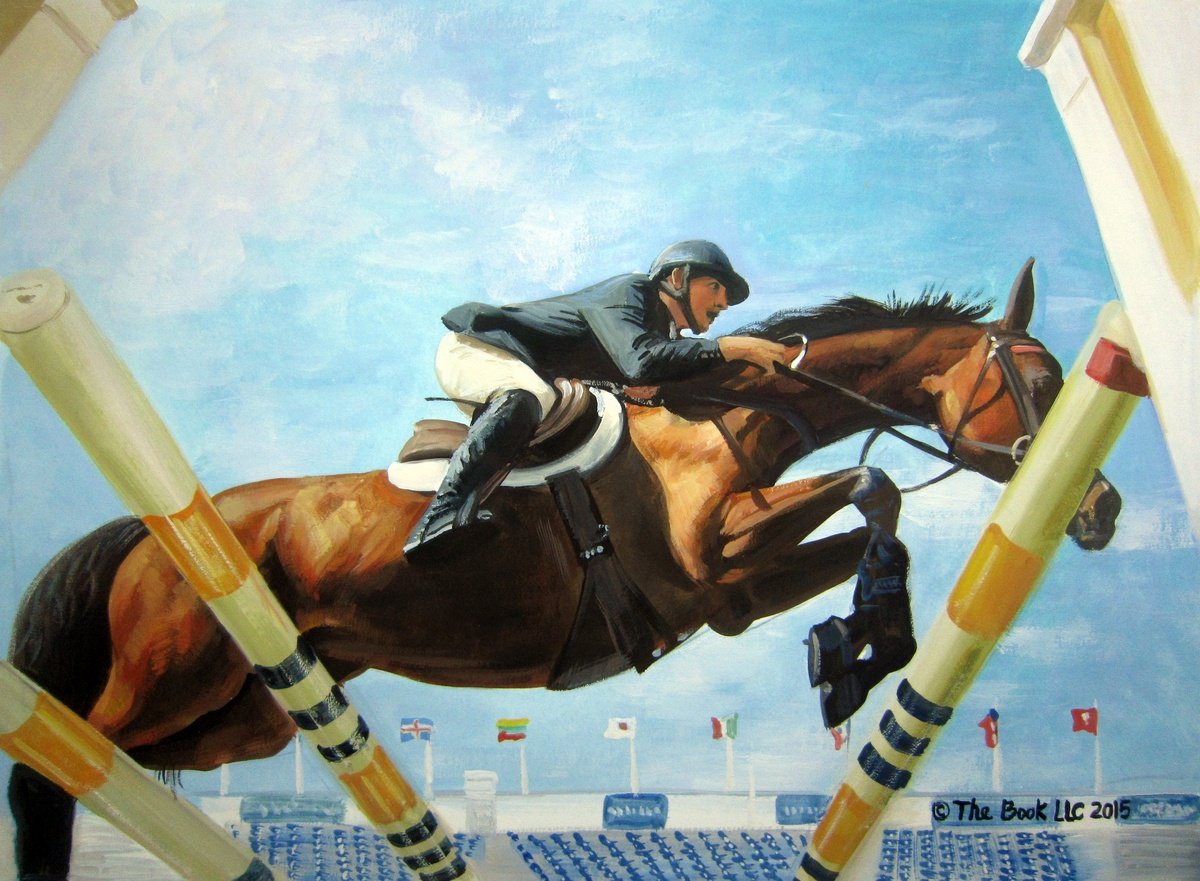 A pastel-colored painting of a horse jumping over an obstacle.