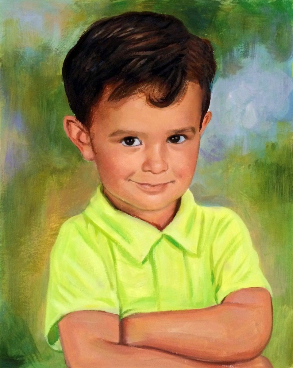 A pastel-colored portrait of an infant boy featuring a green shirt.