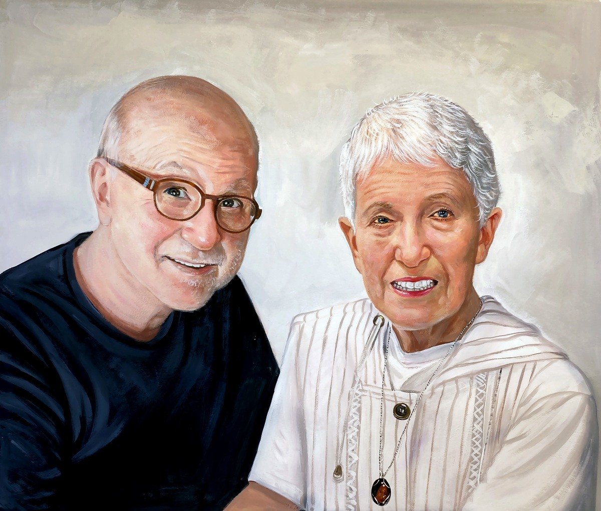 A custom retirement portrait in a pastel color style of an older man and woman.