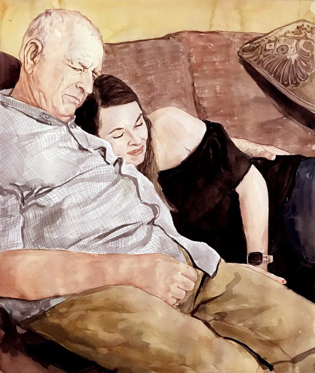 A watercolor retirement drawing of an old man and young girl in a thick style.
