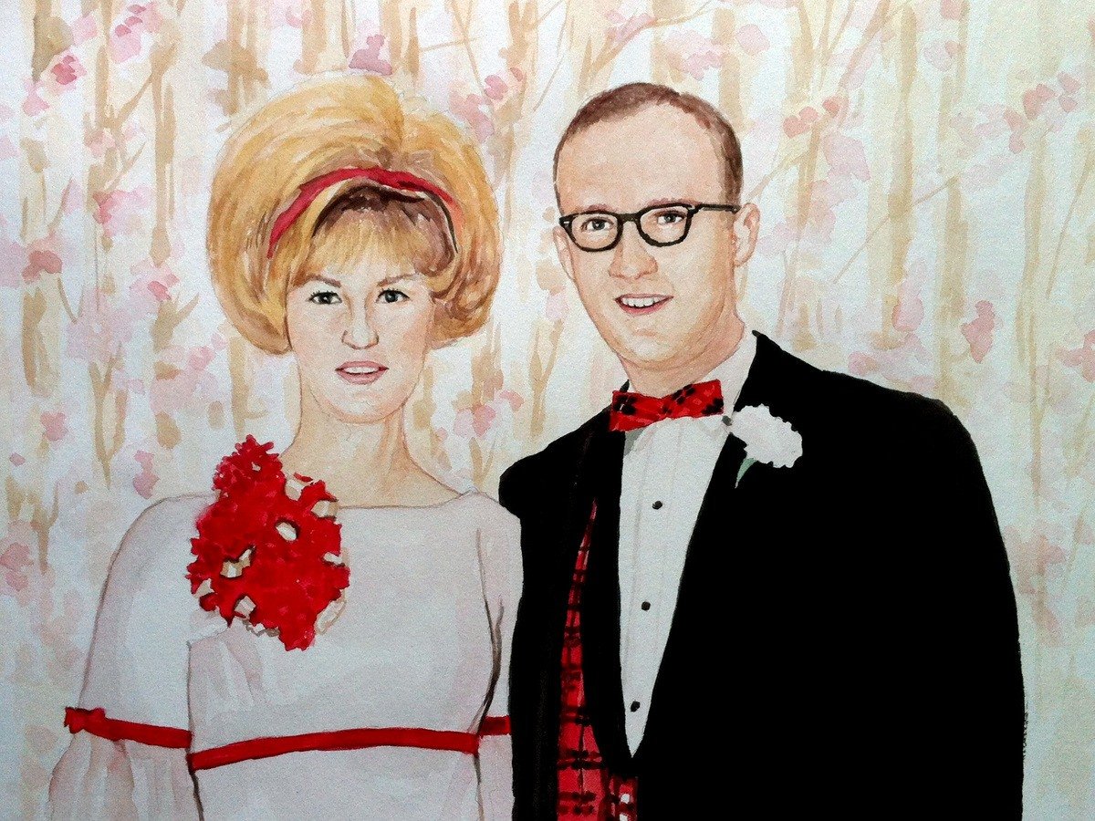 A watercolor portrait of a man and woman in formal attire, ideal for bridal showers.