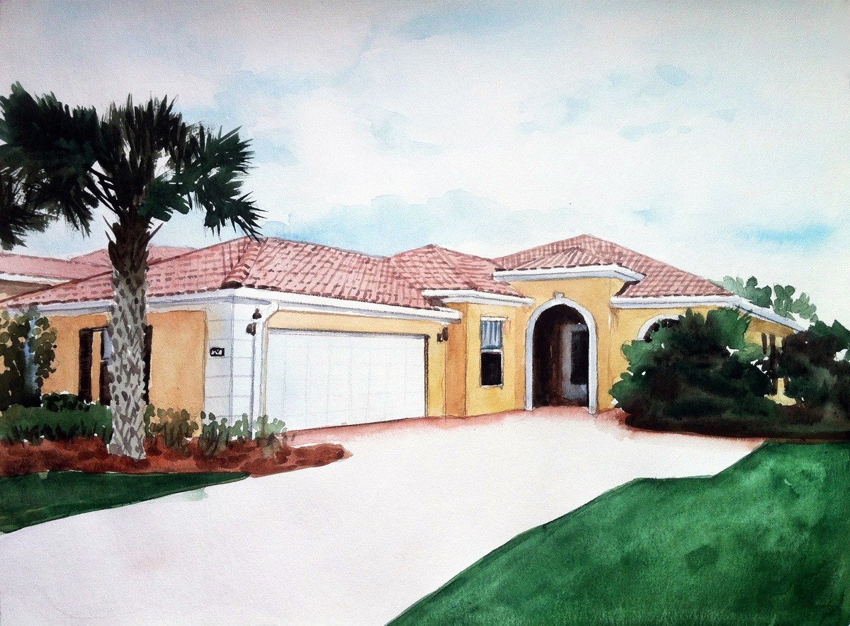 A watercolor painting of a house in Florida, perfect for closing gifts for real estate clients.