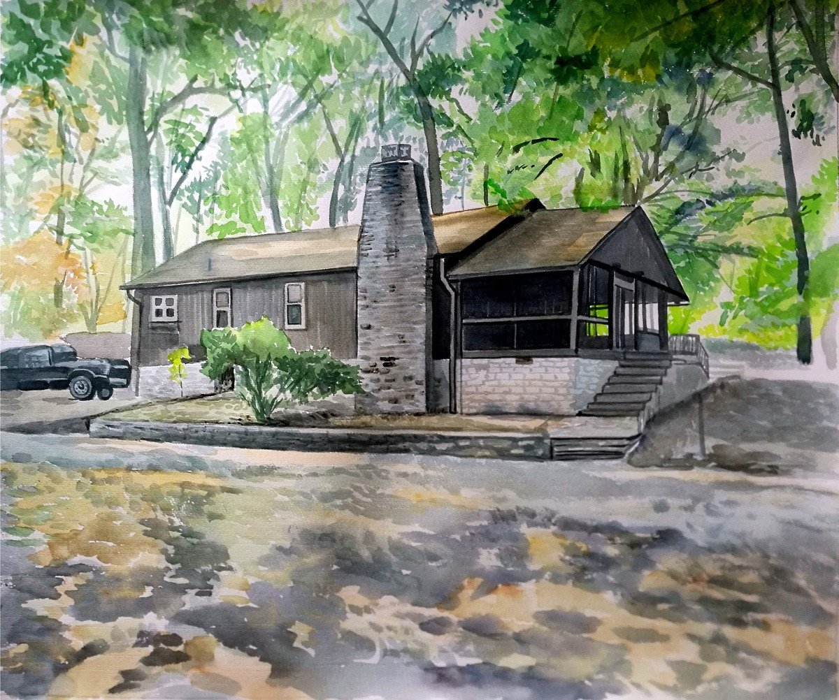 Best realtor gift: a watercolor painting of a cabin in the woods, with a thick style.
