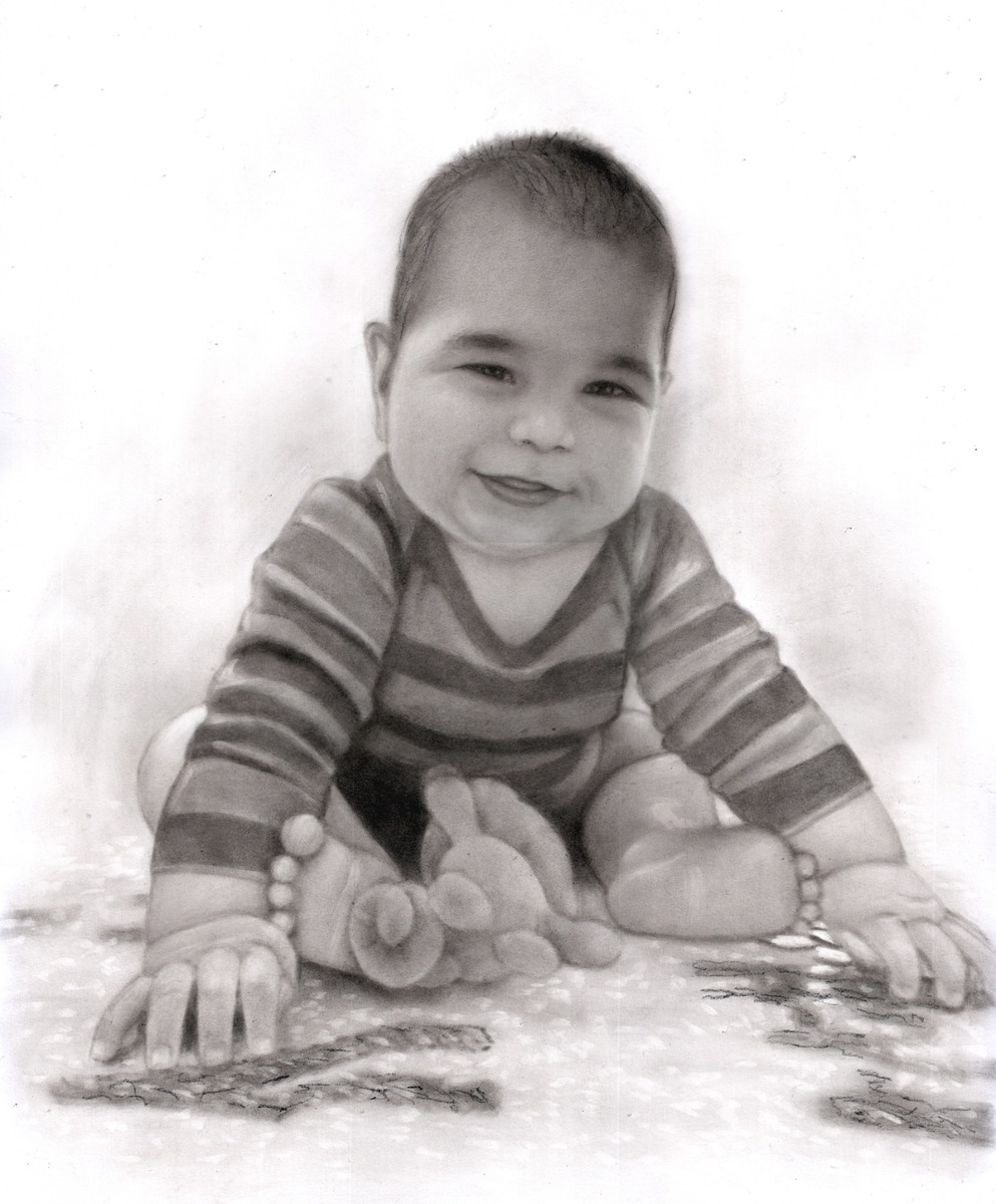 A charcoal baby portrait sitting on a blanket.