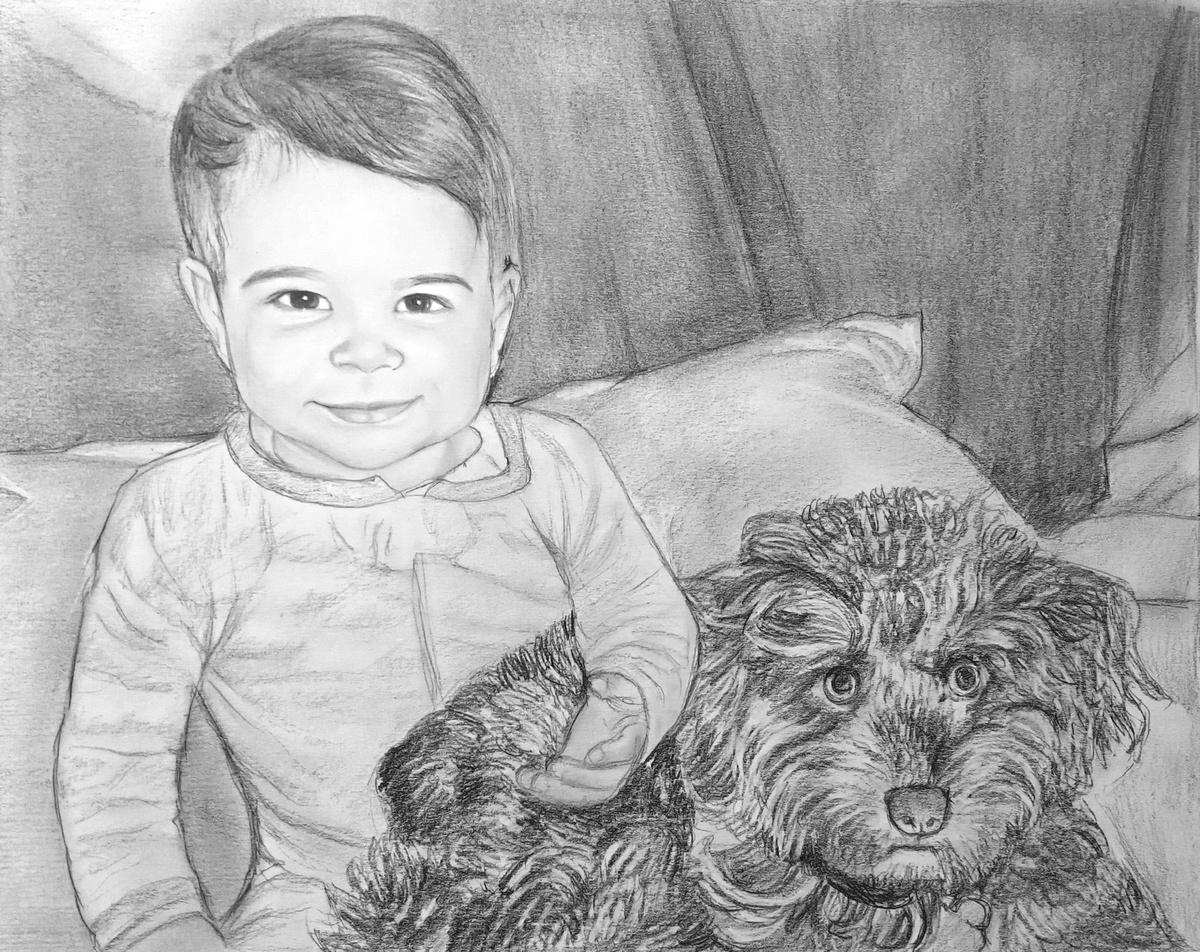 A pencil drawing of a baby and a dog on a bed, suitable for Father's Day gift ideas.