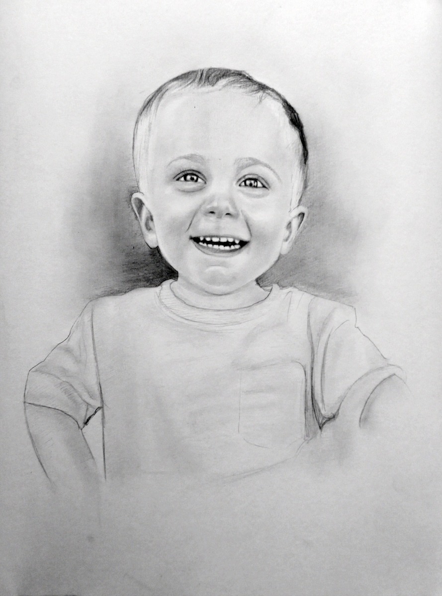 A smooth pencil drawing of a baby smiling.