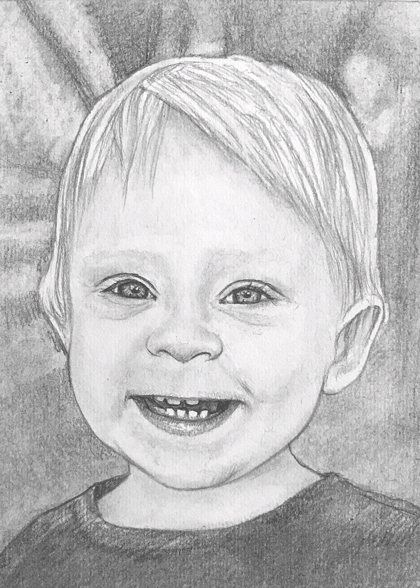 A smooth pencil sketch of a joyful young boy.