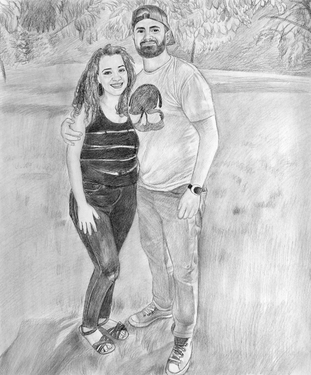 A black and white pencil smooth style drawing of a man and woman at a baby shower.