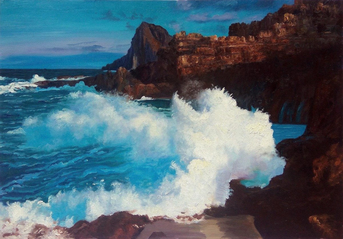 A birthday painting of a crashing wave on a rocky shore in an oil thick style.
