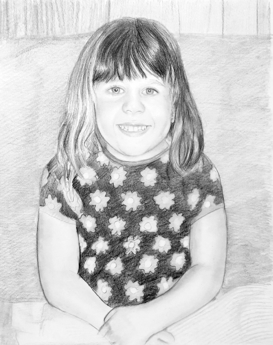 A smooth style pencil drawing of a little girl sitting on a couch, perfect for a birthday gift.