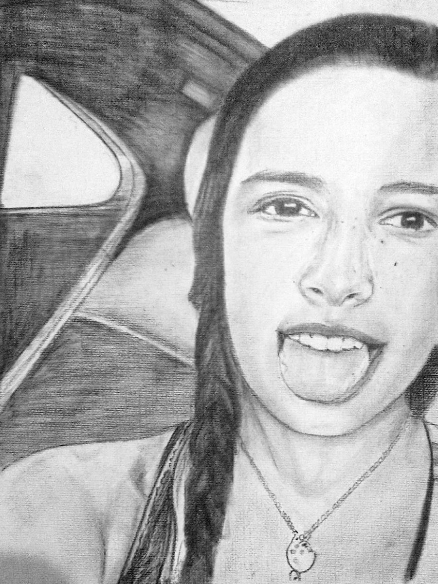A pencil sketchy style drawing of a girl with her tongue out, perfect as a handmade painting for a birthday gift.