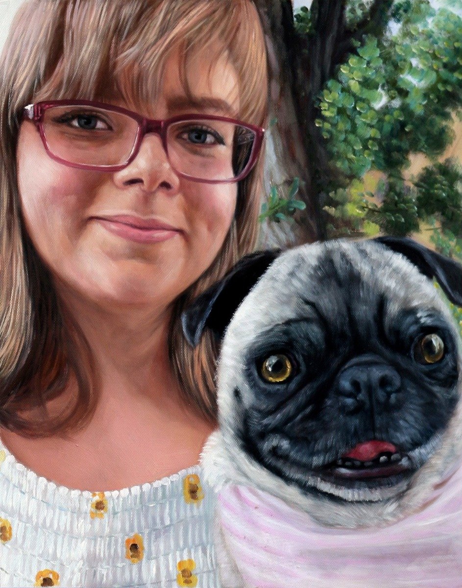 A happy birthday painting of a girl with glasses and a pug, created in a thick oil style.