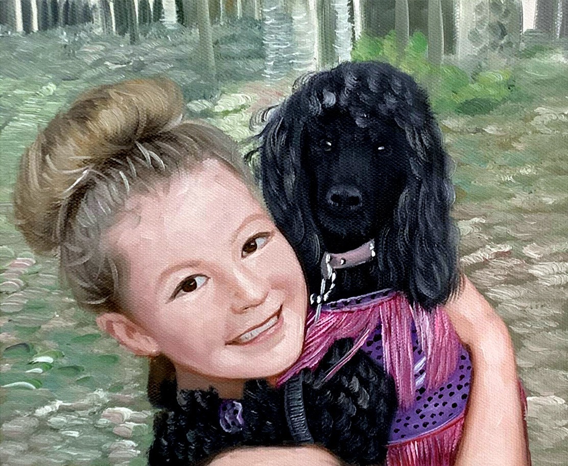 A thick style oil painting of a girl holding a black poodle, perfect as a birthday gift.