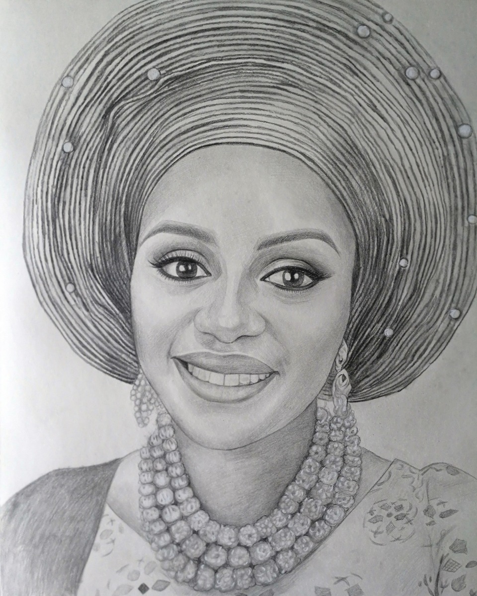 A pencil smooth style portrait of an African woman in a turban for a bridal shower.