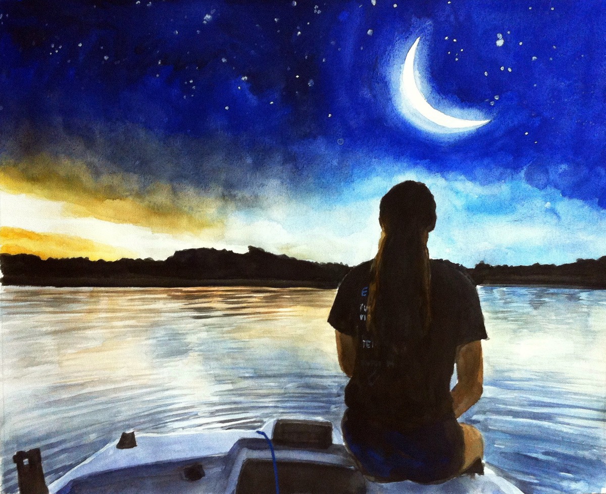 A watercolor painted Christmas gift idea featuring a woman in a washed style, sitting on a boat admiring the moon and stars.