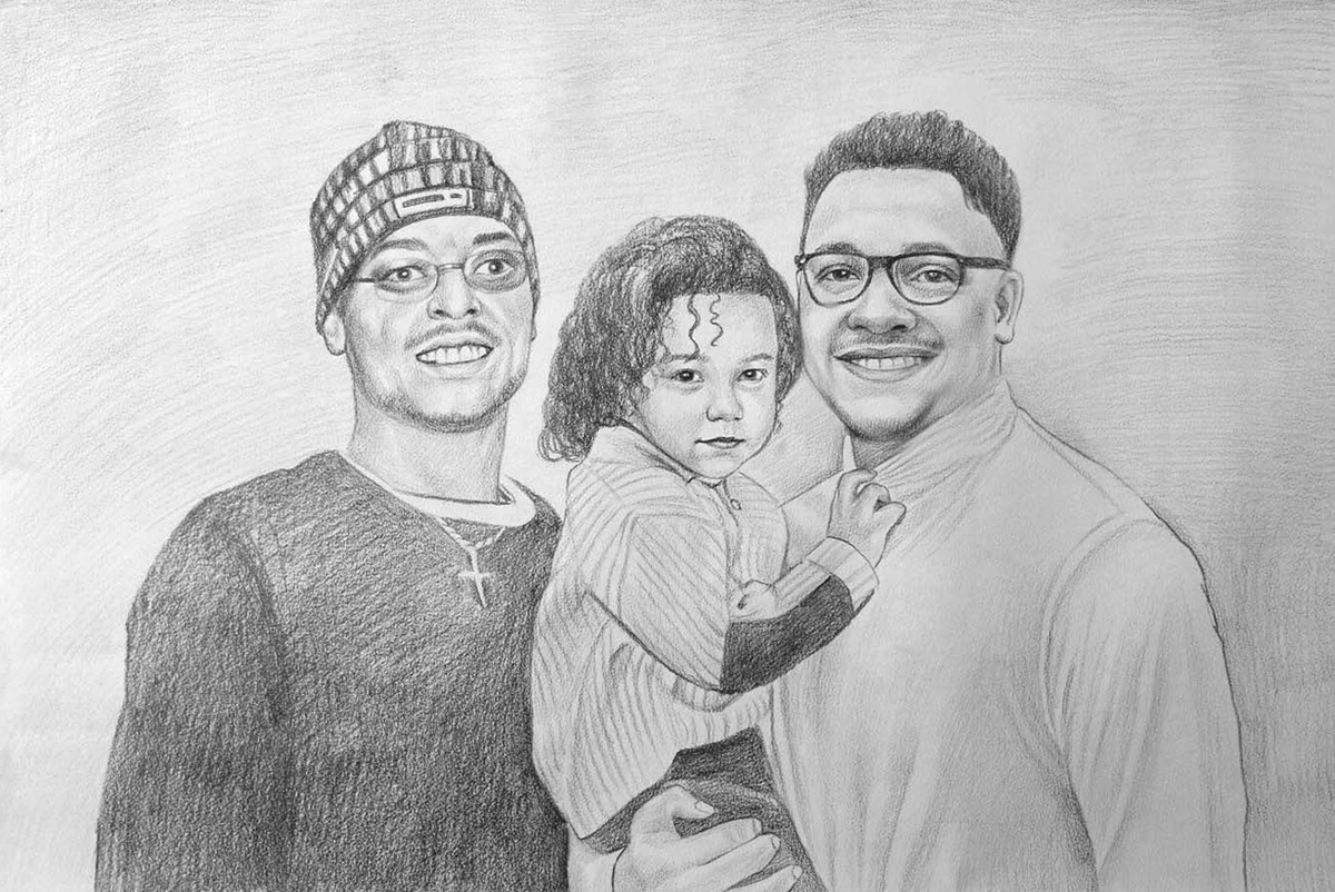 A sketchy pencil drawing portraying a man and a child exchanging painted Christmas gifts.