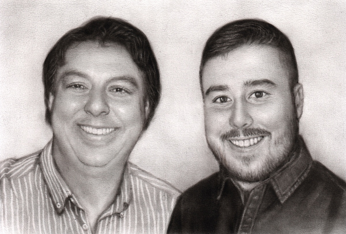 A charcoal drawing of two men smiling next to each other.