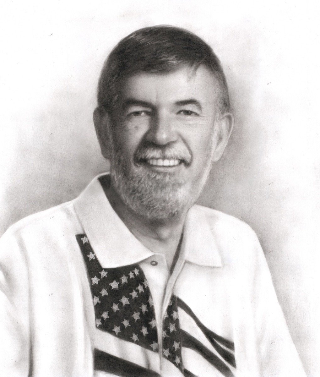 A charcoal-style black and white photo of a man wearing an American flag shirt for father's day artwork.