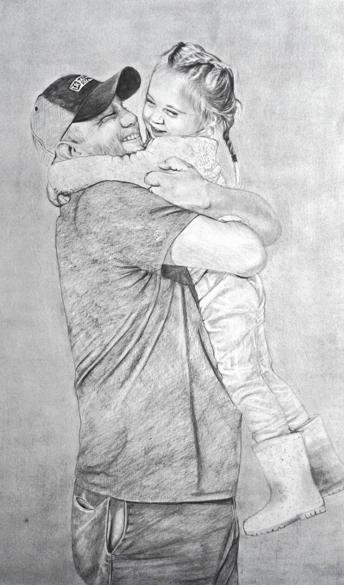 A heartwarming father's day gift depicting a man tenderly embracing his daughter, drawn in a pencil smooth style.